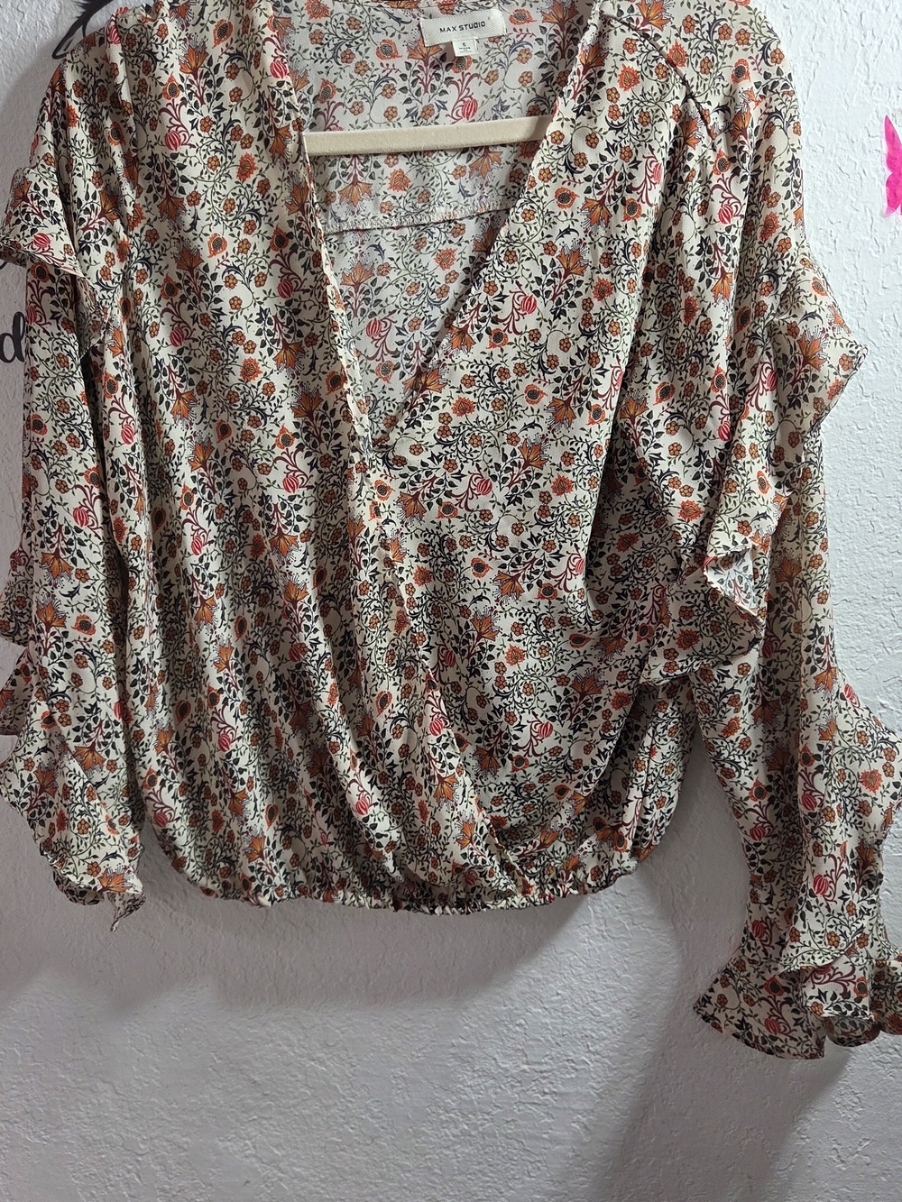 Max Studio Burnt Orange Floral Faux Wrap Ruffle Sleeve Blouse Size S Boho